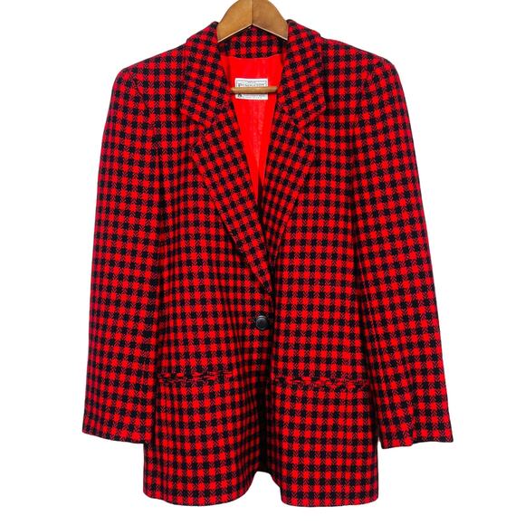 Vintage 80s Miss Pendleton Virgin Wool Blazer Single Button Red Black - M - Picture 1 of 7